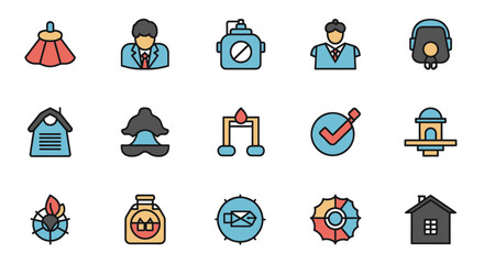 Collection of flat color line icons representing various abstract concepts and themes.