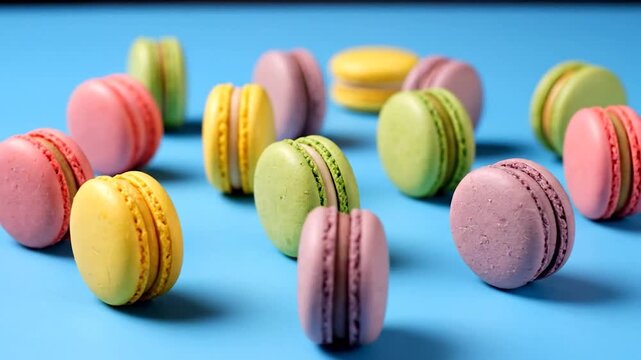 Colorful French macaron cookies spinning on a bright blue surface