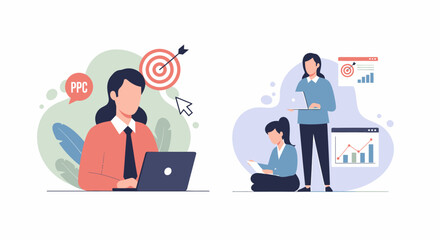 Woman working on laptop with target and PPC icon.