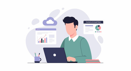 Young man working on laptop computer at desk with data analysis.