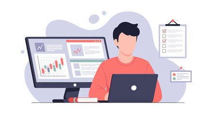 Young Professional Analyzing Data on Computer and Laptop.