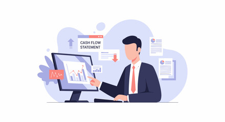 A businessman analyzes financial data on a computer screen reviewing charts and statements.