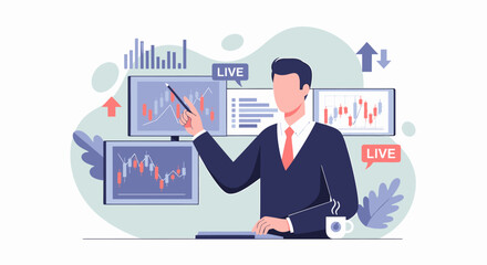A male financial analyst presenting data on a monitor screen.