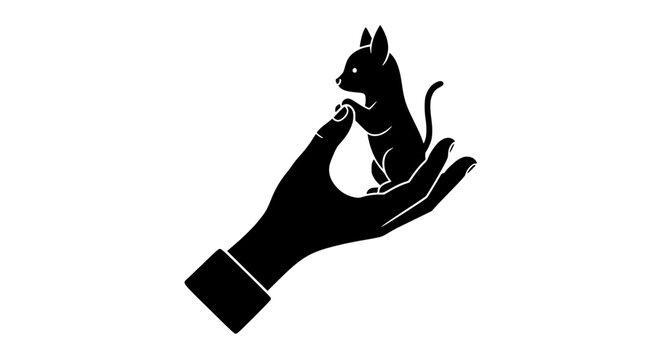 Human hand holding small animal silhouette, black and white flat vector, strong contour lines, minimal design, wildlife protection symbol, isolated on white background, NGO campaign concept