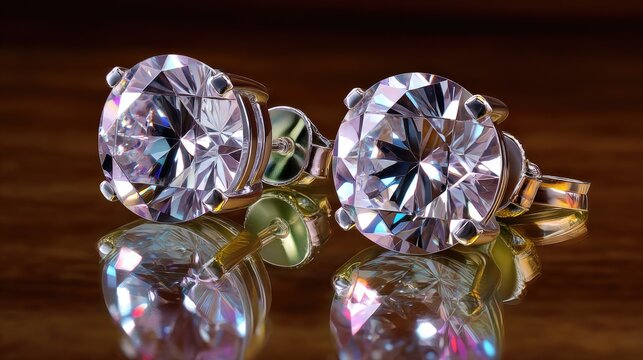 Elegant close-up of sparkling diamond earrings with reflections, showcasing brilliant cut stones and fine metalwork against a wooden background.
