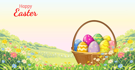 Easter horizontal vector illustration with colorful painted eggs in wicker basket on spring meadow flowers background and copy space for text. © Valentina
