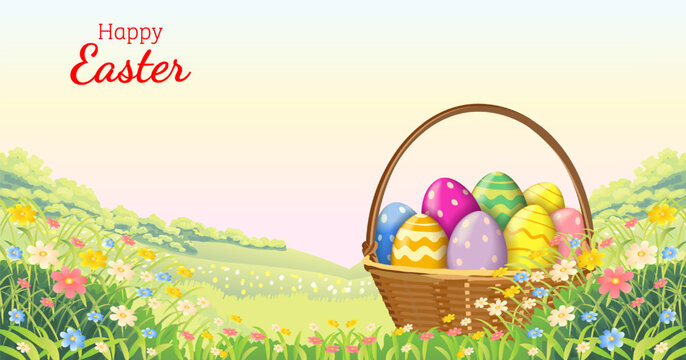 Easter horizontal vector illustration with colorful painted eggs in wicker basket on spring meadow flowers background and copy space for text.