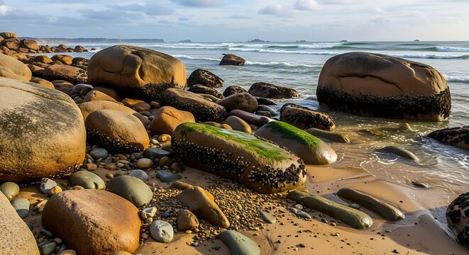 Large boulders covered in barnacles rest on a sandy beach at low tide.
