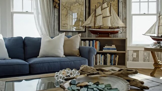 Video of cozy nautical living room decor.
