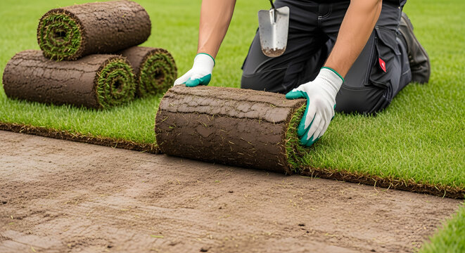 Professional landscaper laying fresh turf on new lawn