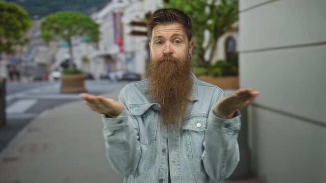 Man with beard showing open palms gesture on a lively city street; confusion doubt uncertainty indecision.