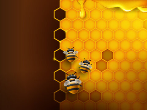 Honeycomb Bee Illustration Overlay Collection with Bright Yellow Hexagonal Cells Featuring Dripping Honey and Cartoon Bees on Gradient Background for Decorative, Educational, and Nature-Inspired Graph