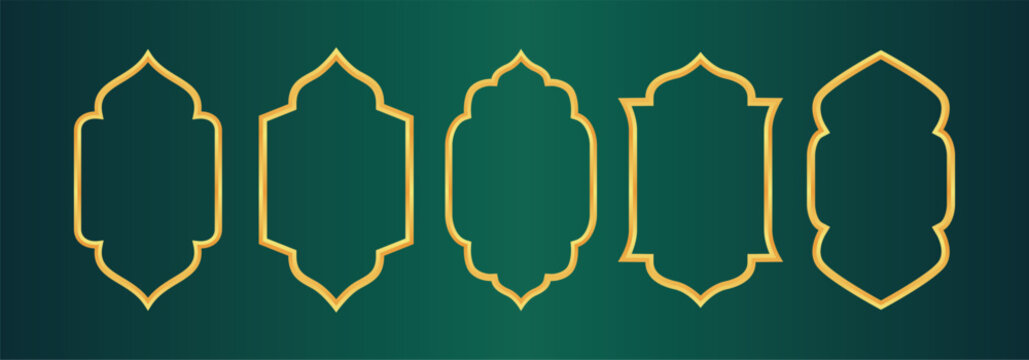 Golden Ornate Frame Overlay Collection with Symmetrical Curved and Pointed Designs Featuring Traditional Islamic and Middle Eastern Motifs on Dark Green Gradient Background for Decorative, Elegant, an