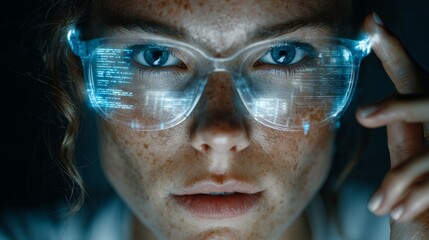 Woman wearing futuristic smart glasses with digital interface