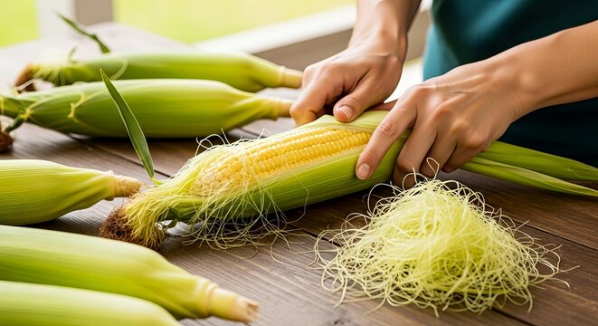 Hands peeling fresh corn on wooden table in bright kitchen environment  