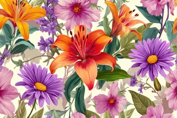 Fototapeta premium Vivid floral pattern featuring a medley of flowers, including lilies, and daisies, on a cream background