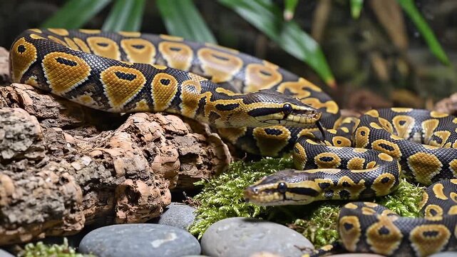 Video Showcase of Ball Python Snakes Coiled on Rocks.