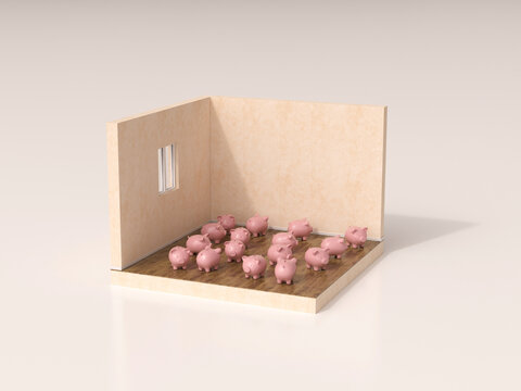 Piggy banks grouped on wood floor in symbolic 3d finance rendering