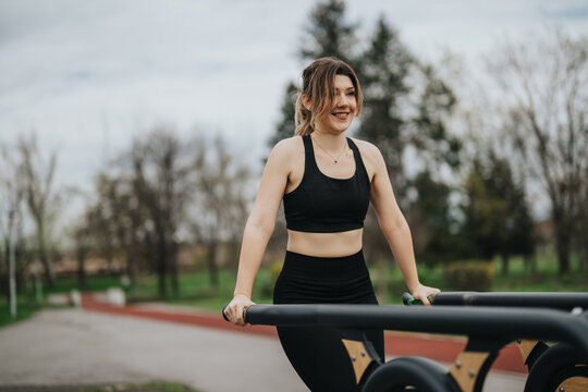 A fit woman in a black sports bra and leggings performs calisthenics on outdoor parallel bars. She smiles while working out in a park with trees in the background.