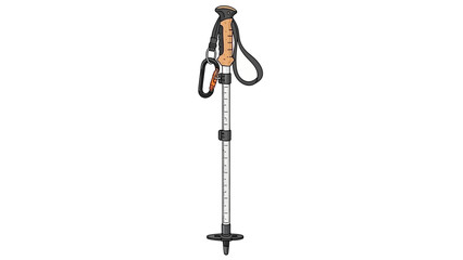 Adjustable trekking pole with carabiner for hiking and camping.