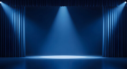 Stage with blue curtains and spotlights theater