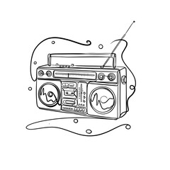 Hand-drawn retro boombox line art in clean black and white minimal outline style.