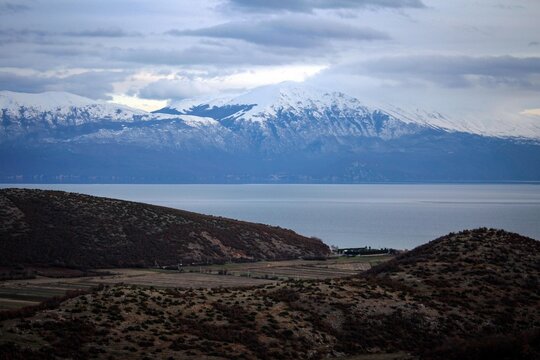 Lake Ohrid view by twilight near Lin village, Albania