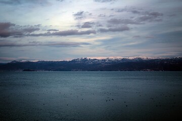 Fototapeta premium Lake Ohrid view by twilight near Lin village, Albania