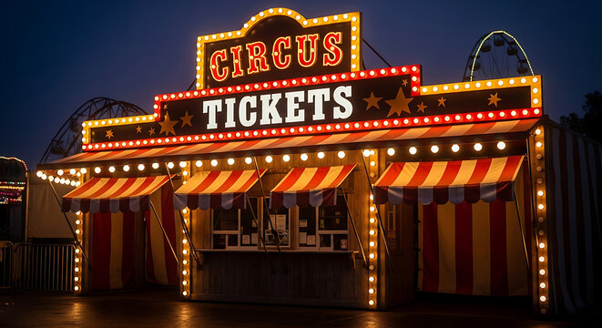 Brightly lit circus ticket booth at dusk with a Ferris wheel in the background