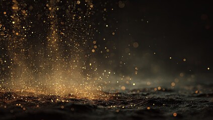 Close-up of cascading golden particles illuminating a dark, textured surface