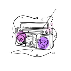 Retro boombox cassette player in continuous line art style with abstract purple shapes.