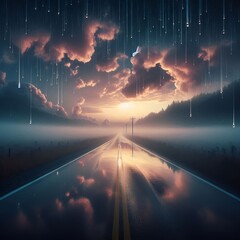 A surreal rainy landscape where raindrops fall upward into the sky
