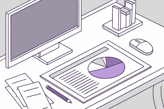 Minimalistyczne biurko analityka z komputerem i raportem z wykresem kołowym &ndash; analiza danych, statystyki i praca biurowa.