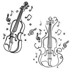 Minimalist continuous line art of violins with musical notes, elegant classical music instruments black and white illustration.