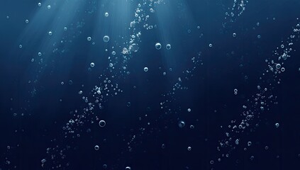A vibrant, deep blue underwater scene with ascending bubbles, sunlight, and a vast aquatic environment