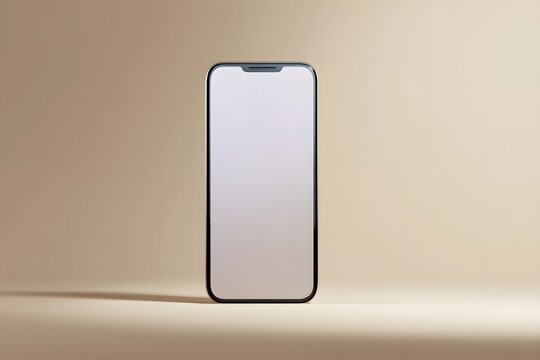 Clean modern smartphone displayed front facing with blank screen for advertising placement on minimalist studio background with soft neutral gradient