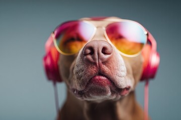 Dog wearing headphones and sunglasses poses for a fun photo session