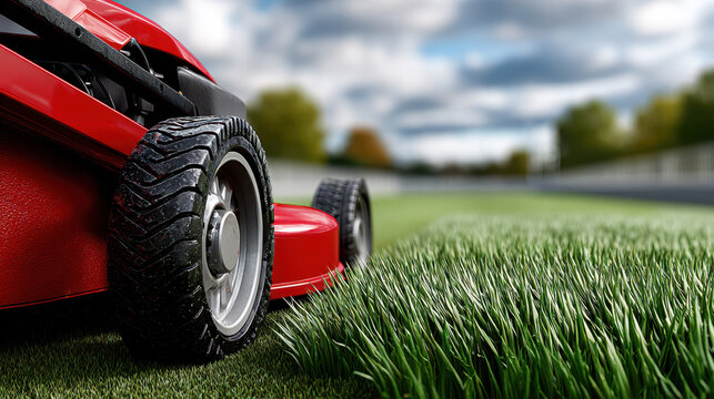Close rear angle of red zero turn mower cutting thick green grass on suburban lawn for landscaping service promotion, garden maintenance advertising and equipment sales banner.