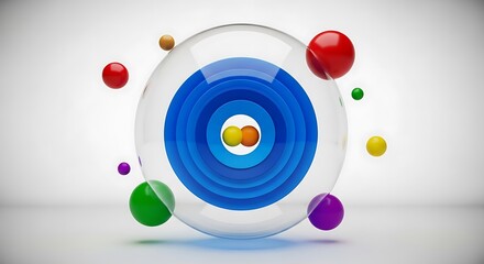 A 3D rendering of a central blue sphere with concentric rings, surrounded by colorful spheres