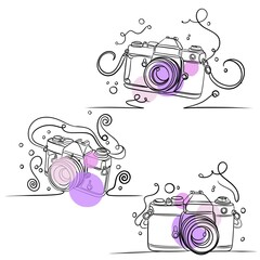 Hand-drawn vintage camera line art set with abstract decorative elements in modern black and white minimal outline style.
