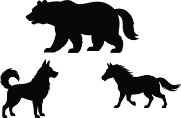 Black silhouette vector set featuring a grizzly bear head husky dog and a running horse isolated on white background. © Ariful420