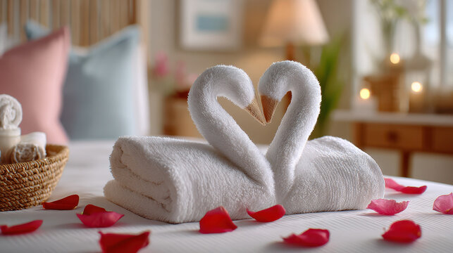 Romantic towel swans on hotel bed with rose petals and soft linen for valentine's day honeymoon room promotion, hospitality welcome package and romantic suite marketing banner