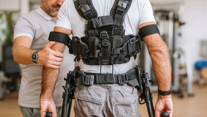 Person uses exoskeleton in rehabilitation center to walk with crutches under the guidance of a trainer