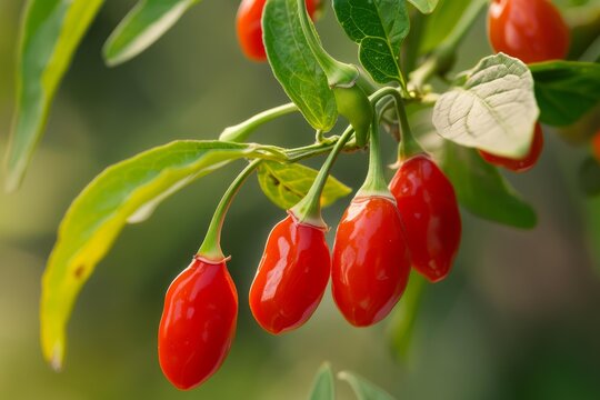 Close up of vibrant red goji berries ripening on a branch, showcasing their plumpness and freshness