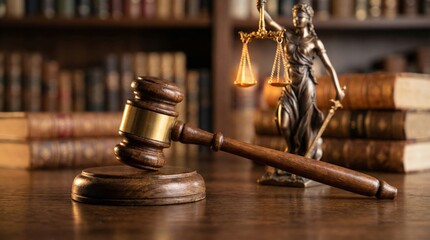 Justice in action judiciary process courtroom gavel law library closeup judge deliberating on prisoner’s fate