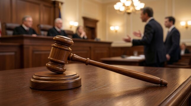 Justice in action a dramatic courtroom scene with judges and a prisoner united states legal proceedings formal environment close-up view