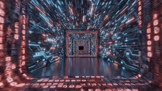 Abstract digital tunnel with glowing binary code and circuit patterns