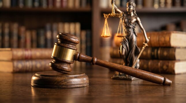 Justice in action judiciary process courtroom gavel law library closeup judge deliberating on prisoner&rsquo;s fate