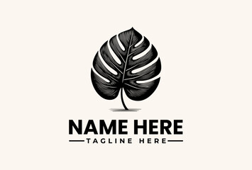 A black monstera leaf logo with a placeholder name and tagline on a beige background, featuring a vector illustration style with a minimalist design. © vectorvovdesign