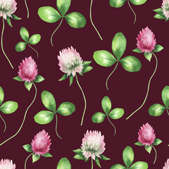 Seamless pattern of flowers and clover leaves dark red